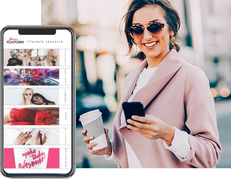 Close up of Gina's Platform home screen and a woman checking her cell phone.